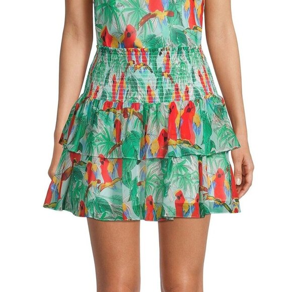 MILLY Wyatt Parrot Print Tiered Ruffled Mini Skirt Green Multi Lined NWT Size 4 - Picture 3 of 9